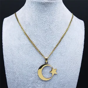 Collar vintage de acero inoxidable bañado en oro con colgante de luna y estrella mujer