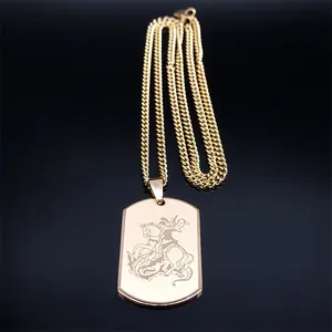 Saint Michael Archangel necklace with gold rectangular dragon slayer pendant on black background