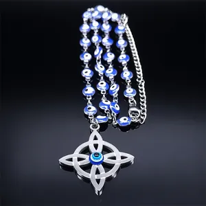 Edelstahl-Keltische Knotenkette mit blauem Evil Eye Anhänger und Perlenkette