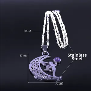 Minimalist stainless steel necklace featuring a moon and fairy pendant with purple bead