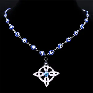 Keltenknoten-Halskette mit blauen Evil-Eye-Perlen und Kreuzanhänger aus Edelstahl