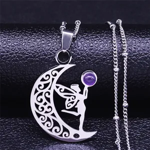 Stainless Steel Moon Fairy Pendant Necklace For Women Hollow Crescent Moon With Vine Pattern Fantasy Jewelry Delicate Gift