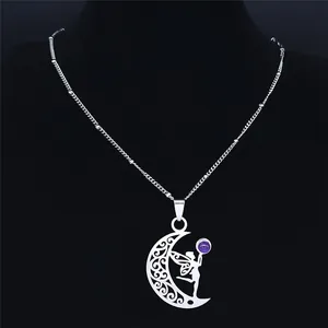 Minimalist moon necklace with fairy pendant and purple stone on a silver bead chain