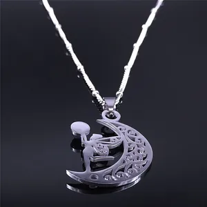 Minimalist moon pendant necklace with fairy design in polished stainless steel