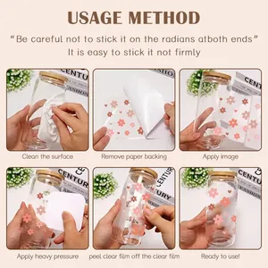 Step-by-step usage guide for applying floral UV DTF transfer stickers on glass cups