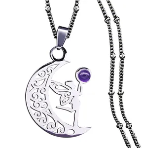 Minimalist stainless steel moon fairy necklace with hollow crescent and purple zircon