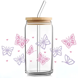 16oz glazen beker met vlinderpatroon, bamboe deksel en rietje voor stijlvolle drank
