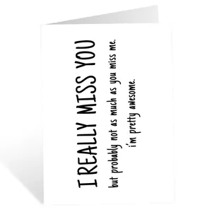 Funny 'I Miss You' greeting card with minimalist black typography on white cardstock