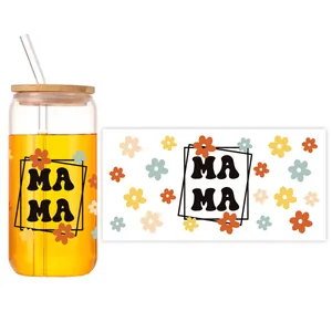 Floral MAMA UV DTF wrap on 16oz glass can with bamboo lid and glass straw