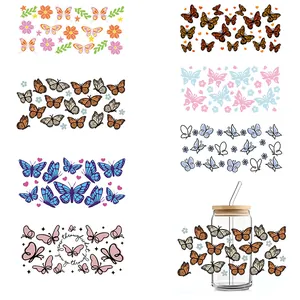 UV DTF Libbey Glass Can Wrap Adesivi Farfalla Fiore Modello Impermeabile Decalcomanie Trasferimento Per Bicchieri DIY Decor