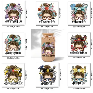 Lot de 8 stickers UV DTF pour verres 16oz, thèmes carrières avec designs de chignon flou