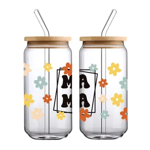 Two 16oz glass jars with bamboo lids, glass straws, and floral MAMA letters printing