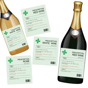 Detail of funny prescription wine bottle labels for red, white and rosé wine bottles