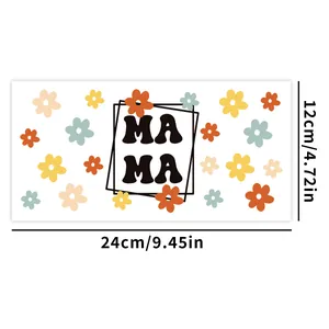 UV DTF transfer sticker for 16oz glass cup featuring colorful floral MAMA design 24x12cm