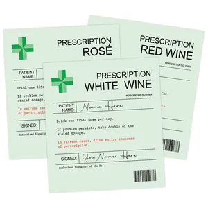 Detailed view of novelty prescription wine labels for white, red, and rose bottles