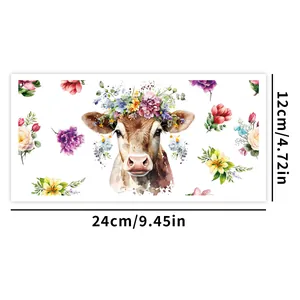 Aquarell Kuh UV-DTF-Aufkleber mit Blumenkrone für 16oz Gläser und Dekorationen