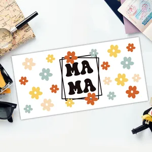 Floral MAMA UV DTF transfer sticker for 16oz glass cans featuring colorful daisy patterns
