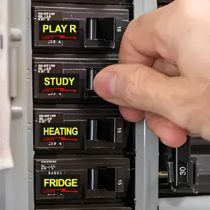 Close-up of colored circuit breaker labels with functional icons for home identification