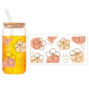 16oz Glasbecher mit Hibiskusblüten UV-Transferdruck, Bambusdeckel und Glasstrohhalm