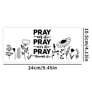 Adesivo UV DTF con arte floreale e citazione Pray On It, 24x10,5 cm per vetro decorativo
