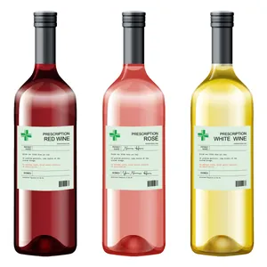 Funny DIY prescription wine bottle labels on red, rose and white bottles in studio setting