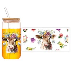 Blumen Kuh UV DTF Aufkleber für 16oz Glasbecher mit Bambusdeckel und Glasstrohhalm