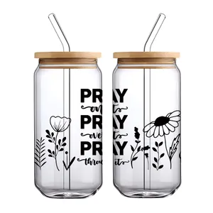 Set barattoli in vetro 16oz con coperchio in bambù e design floreale religioso PRAY