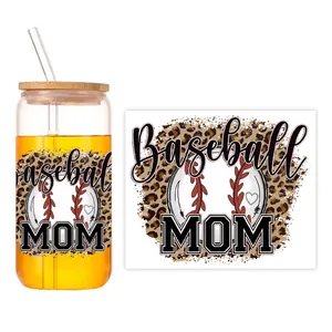 Motif détaillé et verre de 16oz avec imprimé léopard Baseball MOM et couvercle en bambou