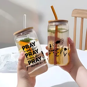 Set di bicchieri da 16oz con coperchi in bambù e cannucce in vetro con motivi floreali