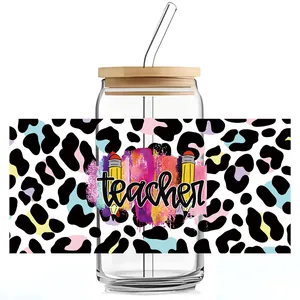 UV DTF wrap for 16oz glass can featuring leopard print and teacher themed design