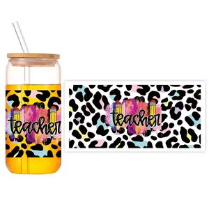 UV DTF transfer sticker for 16oz glass can wrap with leopard teacher theme and straw