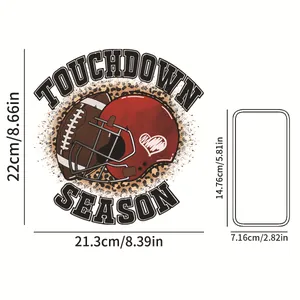 Dimensions détaillées du transfert thermique casque de football et texte touchdown season