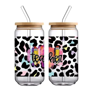 16oz leopard teacher glass can wrap with bamboo lid and glass straw for cold drinks