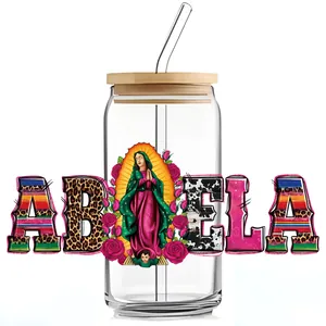 Gobelet en verre 16oz avec couvercle en bambou et paille au design coloré Abuela Guadalupe