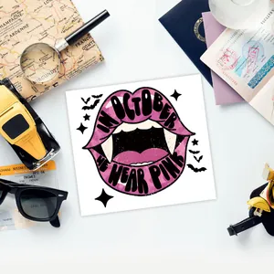Detailed UV DTF transfer sticker with pink leopard lips and In October We Wear Pink text