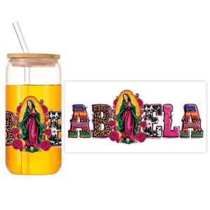 Autocollant UV DTF pour verre 16oz avec Vierge de Guadalupe et motif Abuela léopard