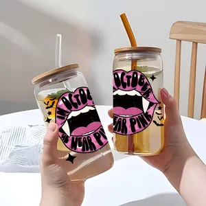 Detail of 16oz glass cup with UV transfer pink Halloween awareness print and bamboo lid