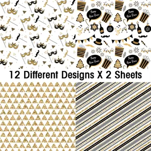 Détails de 12 motifs de papier scrapbooking noir et or avec masques et paillettes