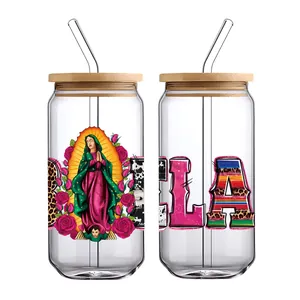 Verre 16oz avec motif Notre-Dame de Guadalupe, lettre LA, couvercle et paille