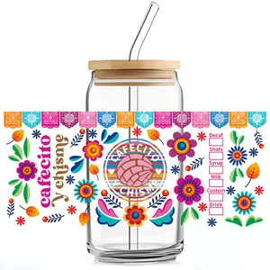 Autocollant de Transfert UV DTF pour Verres Cafecito Y Chisme Fleurs Mexicaines DIY Étiquette Imperméable