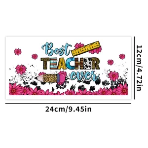 Detail of UV DTF transfer sticker for 16oz glass featuring Best Teacher Ever design