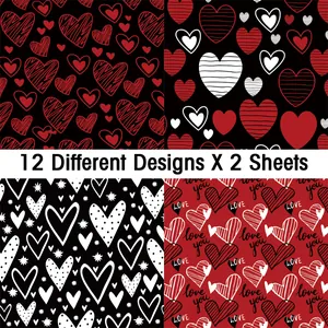 Detail view of 12 heart-themed pattern designs for DIY scrapbooking and Valentines gift decor
