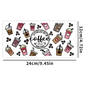 Detail showing dimensions of coffee-themed UV transfer sticker for 16oz glass wrap