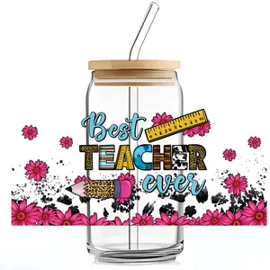 Detail of UV DTF transfer print on 16oz glass cup featuring Best Teacher Ever design