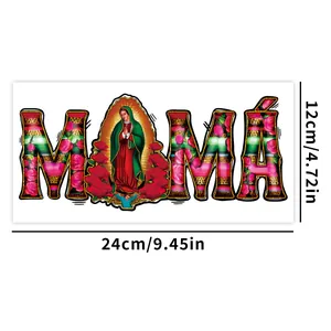 Détail de l'autocollant MAMA avec Vierge Marie et fleurs pour tasses en verre 16oz