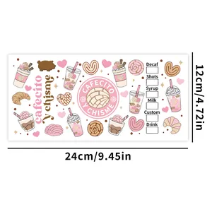 Detalle de pegatina UV DTF 24x12cm con diseños de café y pan dulce concha mexicano