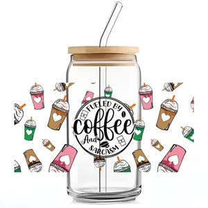 Detail of 16oz glass can cup with Coffee and Sarcasm text, bamboo lid and glass straw