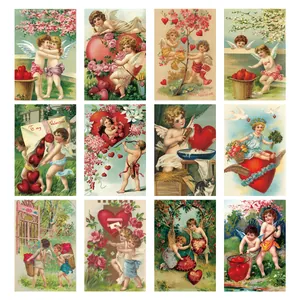 Set of 12 vintage Cupid Valentine postcards with retro hearts and floral art designs