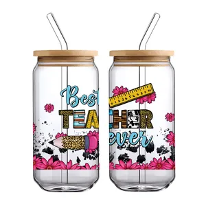 Detail of UV DTF stickers on 16oz glass cups featuring Best Teacher Ever daisy design