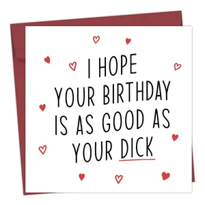 Funny adult birthday card with envelope featuring humorous text and red hearts